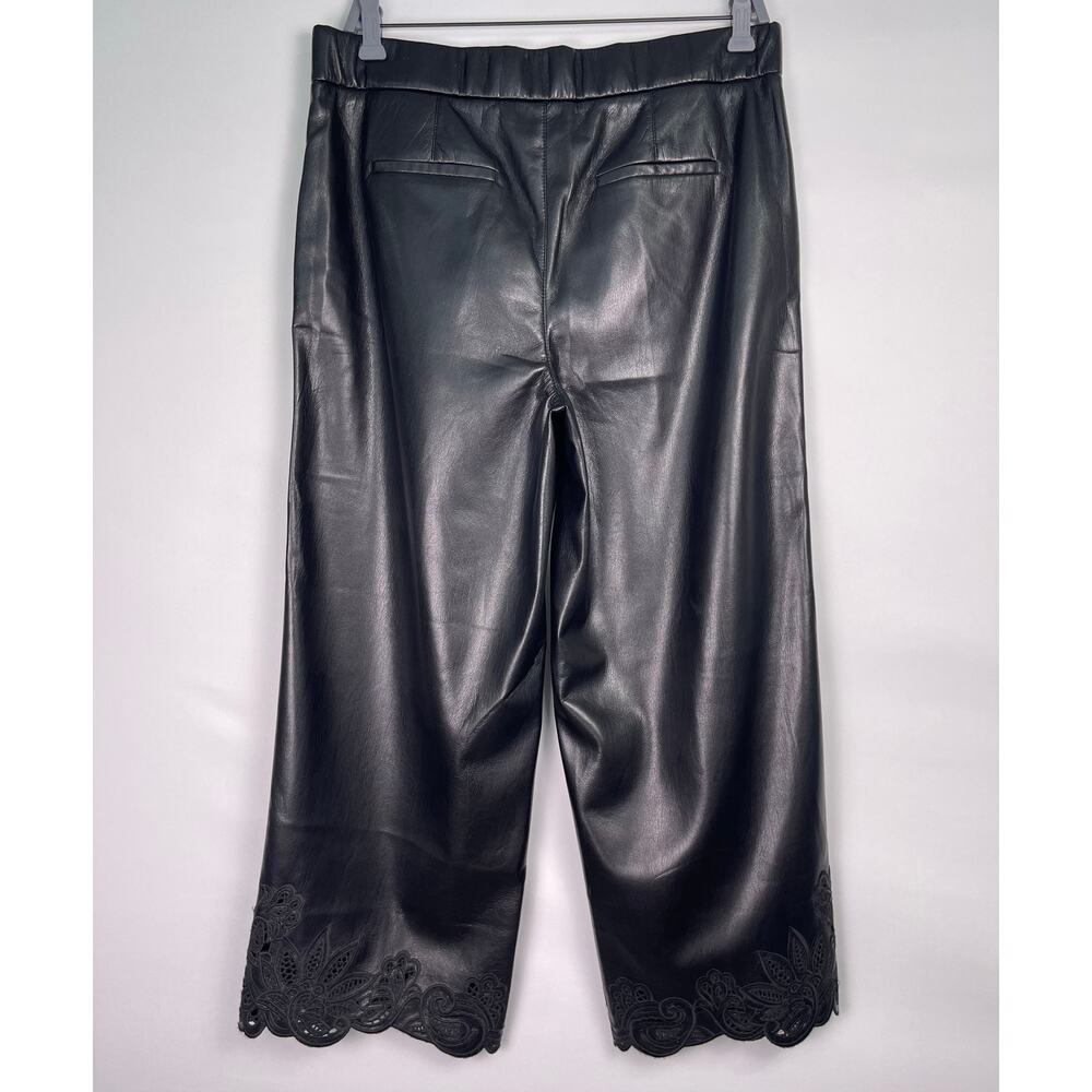 Chico’s Black Faux Leather Cropped Trousers Lace Hem Wide Leg Pants 10 Petite - Picture 6 of 13